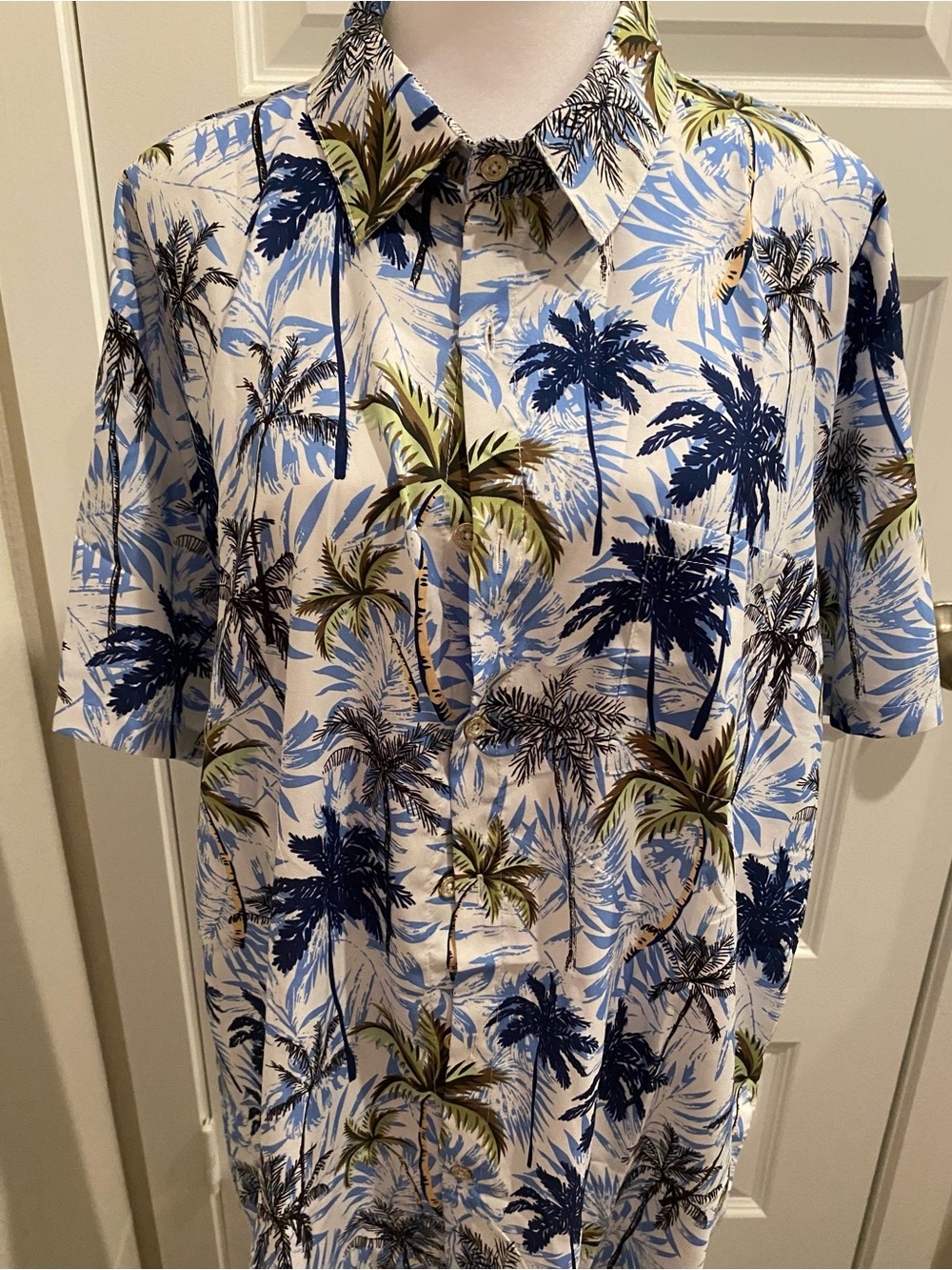 Men's Tropical Palm Print Short-Sleeve Shirt - Blue/White